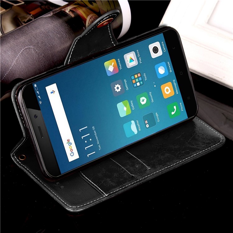 Retro Style Button Closure PU Leather Wallet Phone Shell with Stand for Xiaomi Redmi 4 - Black-6