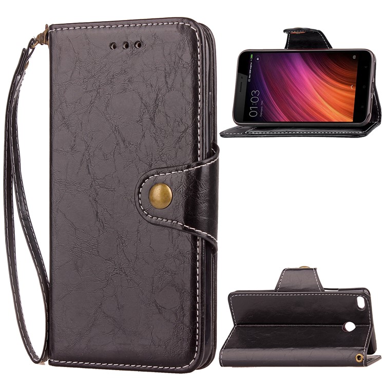 Oil Wax Retro Style Button Closure Wallet Leather Stand Case for Xiaomi Redmi 4X - Black-1