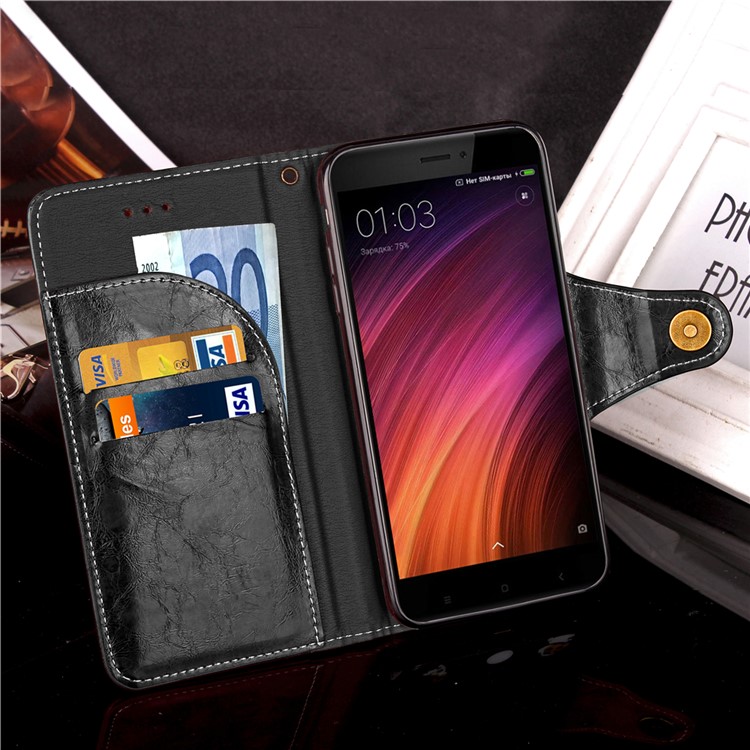 Oil Wax Retro Style Button Closure Wallet Leather Stand Case for Xiaomi Redmi 4X - Black-5