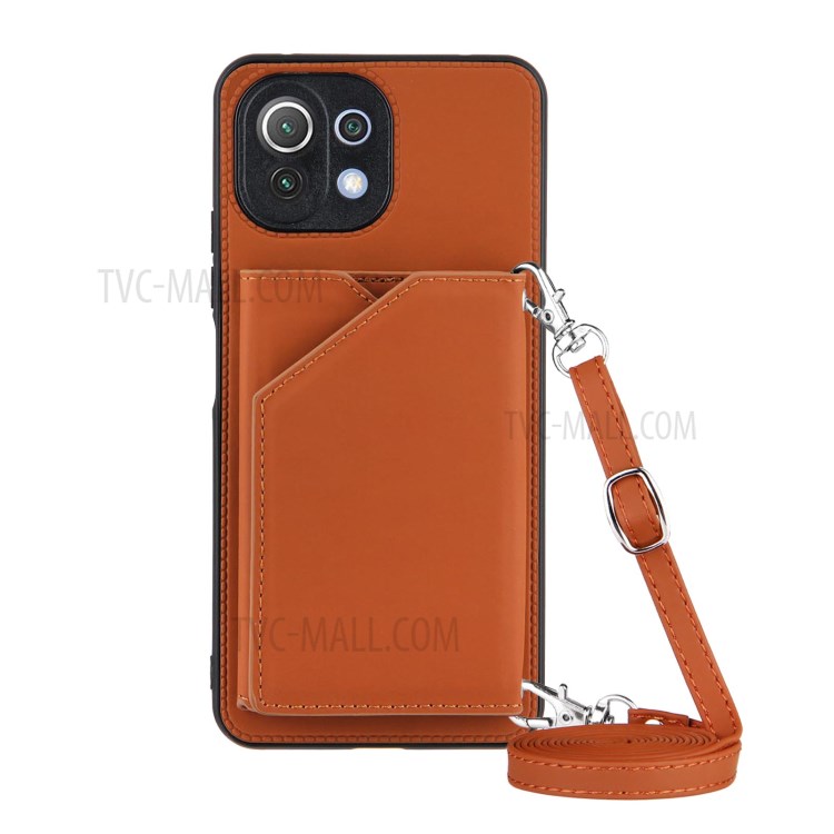 Stand Card Holder Rubberized Leather Skin TPU Phone Case for Xiaomi Mi 11 Lite 4G / Mi 11 Lite 5G - Brown-1