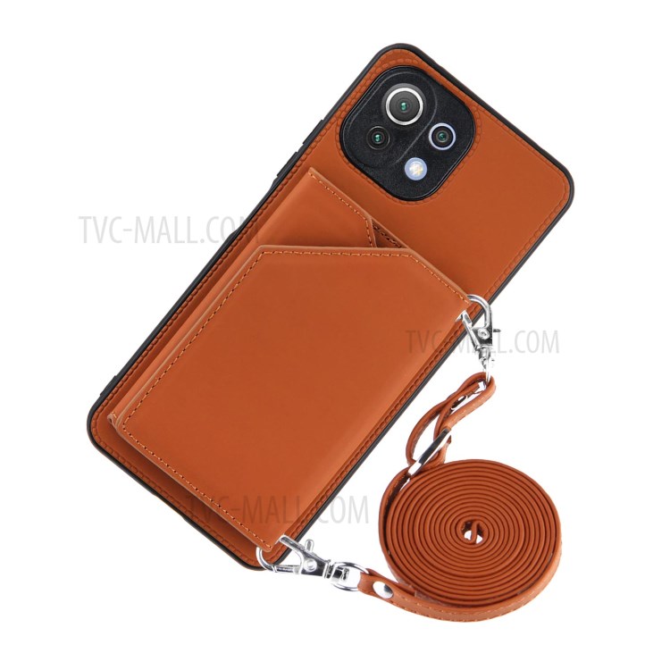 Stand Card Holder Rubberized Leather Skin TPU Phone Case for Xiaomi Mi 11 Lite 4G / Mi 11 Lite 5G - Brown-2