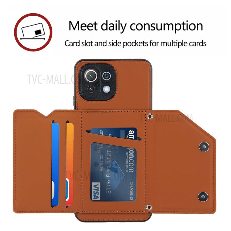 Stand Card Holder Rubberized Leather Skin TPU Phone Case for Xiaomi Mi 11 Lite 4G / Mi 11 Lite 5G - Brown-3