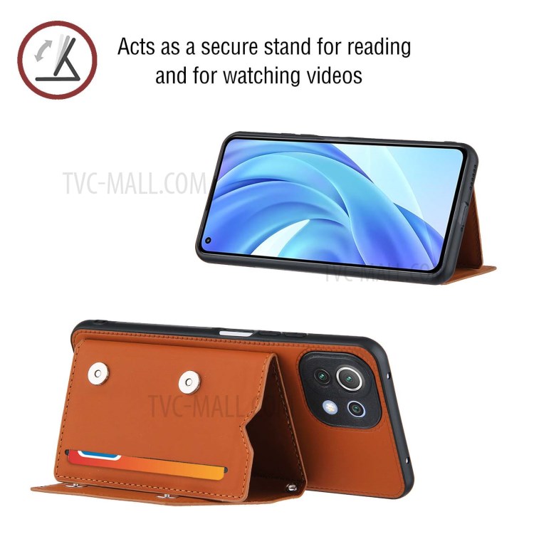 Stand Card Holder Rubberized Leather Skin TPU Phone Case for Xiaomi Mi 11 Lite 4G / Mi 11 Lite 5G - Brown-4