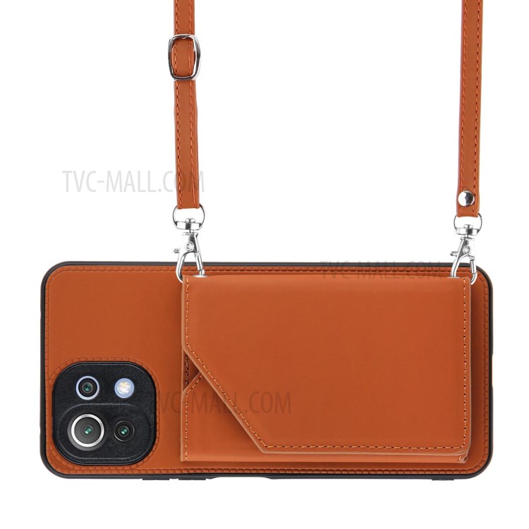 Stand Card Holder Rubberized Leather Skin TPU Phone Case for Xiaomi Mi 11 Lite 4G / Mi 11 Lite 5G - Brown-5