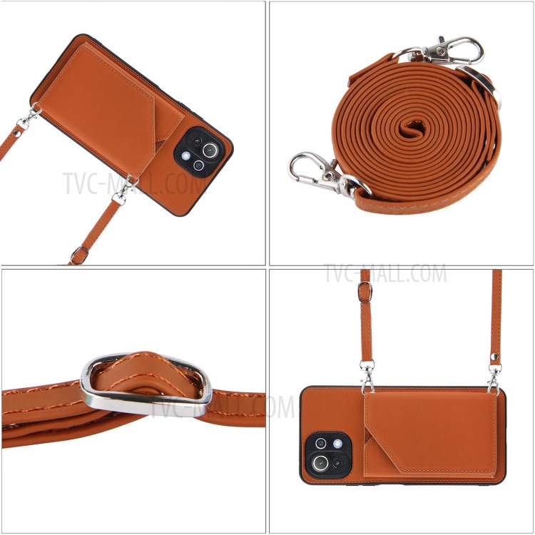 Stand Card Holder Rubberized Leather Skin TPU Phone Case for Xiaomi Mi 11 Lite 4G / Mi 11 Lite 5G - Brown-7