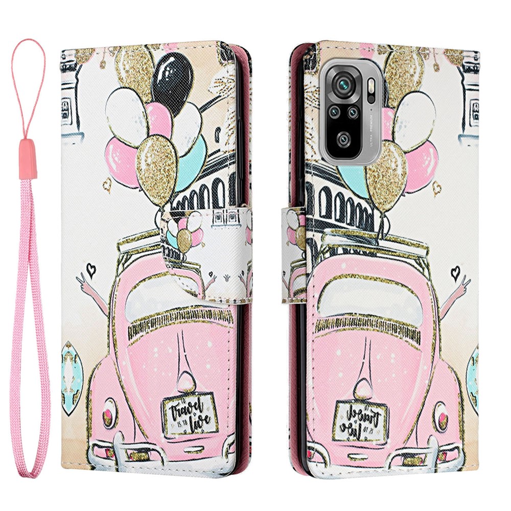 Pattern Printing Leather Wallet Stand Protector Case with Lanyard for Xiaomi Redmi Note 10 4G / Redmi Note 10S - Pink Car-1