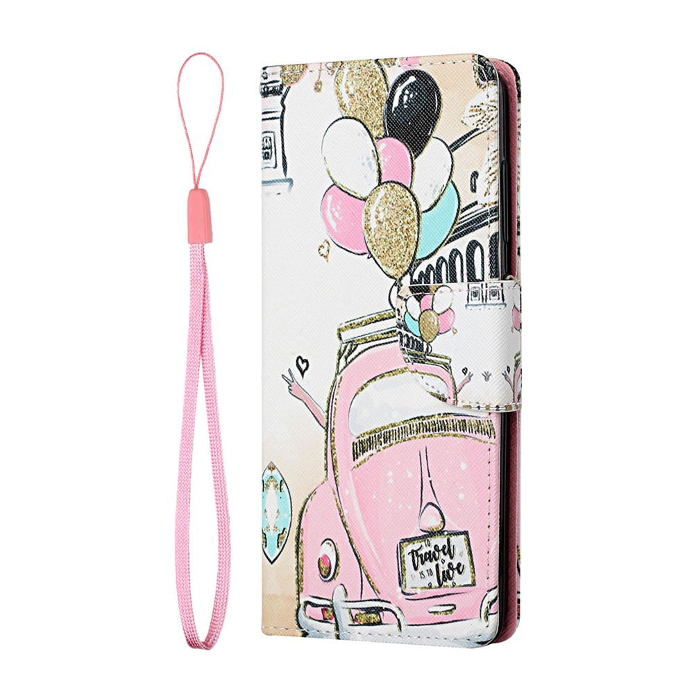 Pattern Printing Leather Wallet Stand Protector Case with Lanyard for Xiaomi Redmi Note 10 4G / Redmi Note 10S - Pink Car-2