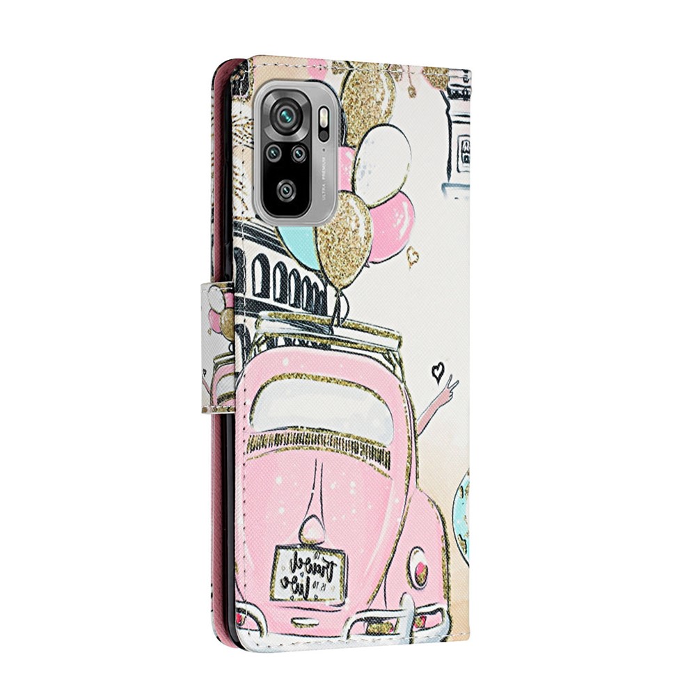 Pattern Printing Leather Wallet Stand Protector Case with Lanyard for Xiaomi Redmi Note 10 4G / Redmi Note 10S - Pink Car-3