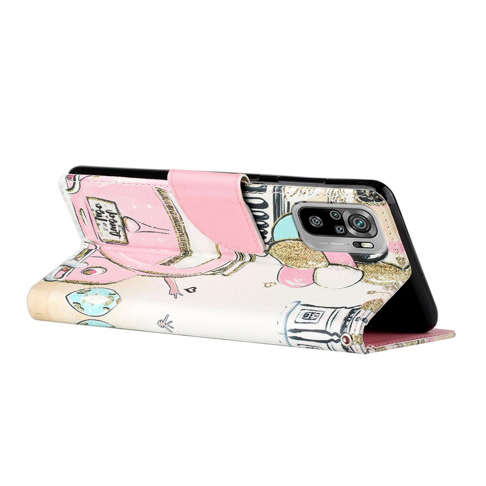 Pattern Printing Leather Wallet Stand Protector Case with Lanyard for Xiaomi Redmi Note 10 4G / Redmi Note 10S - Pink Car-8