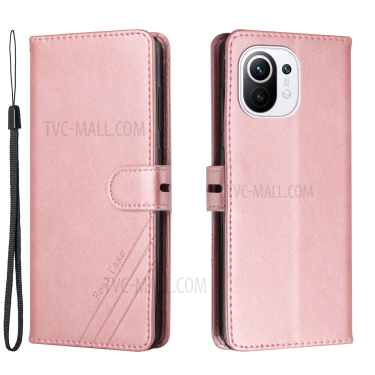 PU Leather Wallet Stand Design Mobile Phone Case Cover Protector with Strap for Xiaomi Mi 11 - Pink-1