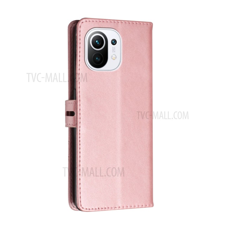 PU Leather Wallet Stand Design Mobile Phone Case Cover Protector with Strap for Xiaomi Mi 11 - Pink-3