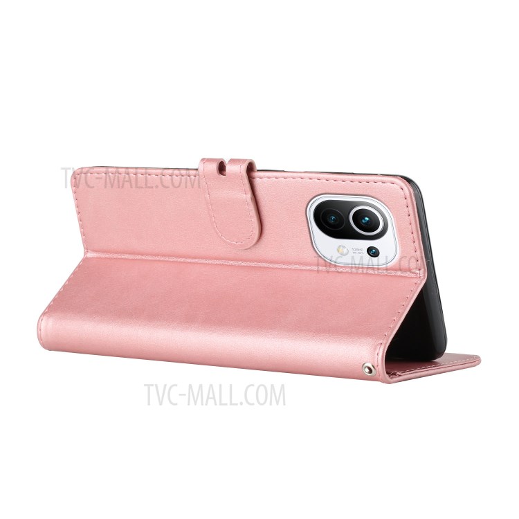 PU Leather Wallet Stand Design Mobile Phone Case Cover Protector with Strap for Xiaomi Mi 11 - Pink-8