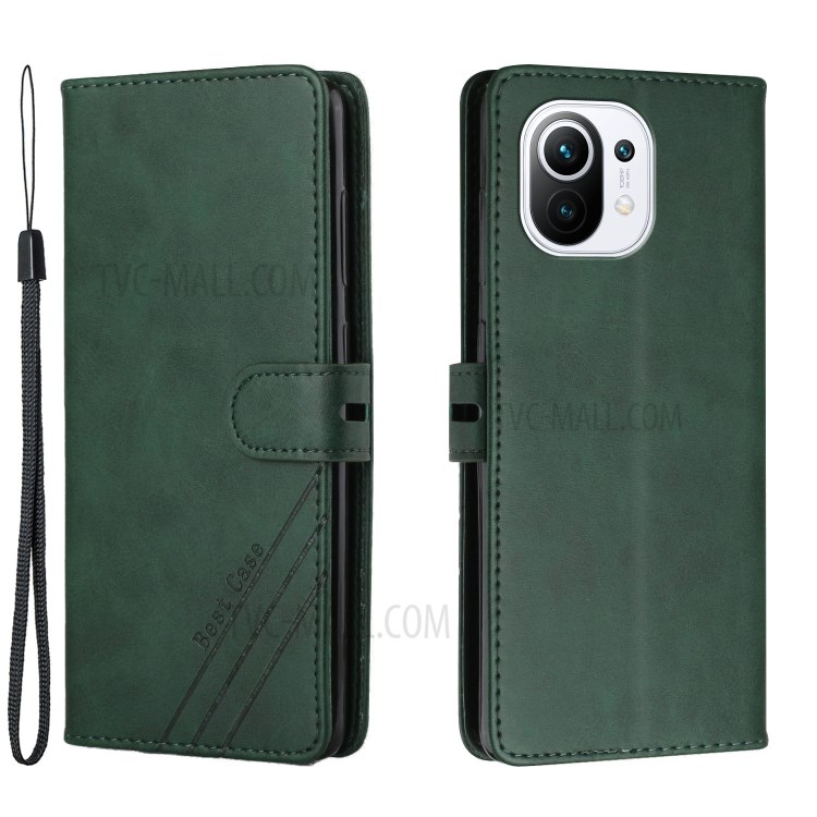 PU Leather Wallet Stand Design Mobile Phone Case Cover Protector with Strap for Xiaomi Mi 11 - Blackish Green-1