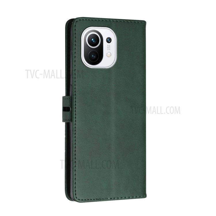 PU Leather Wallet Stand Design Mobile Phone Case Cover Protector with Strap for Xiaomi Mi 11 - Blackish Green-3