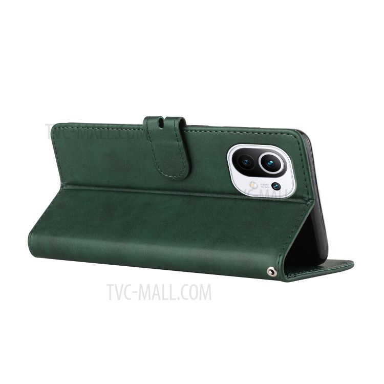 PU Leather Wallet Stand Design Mobile Phone Case Cover Protector with Strap for Xiaomi Mi 11 - Blackish Green-8