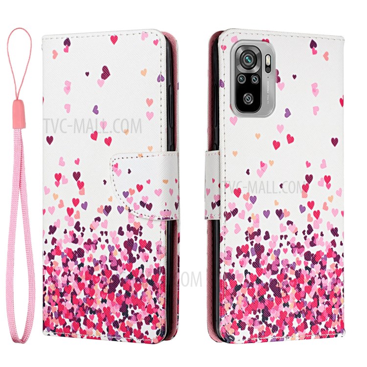 Pattern Printing Leather Stand Wallet Phone Case Shell for Xiaomi Redmi Note 10 4G / Redmi Note 10S - Pink Heart-1