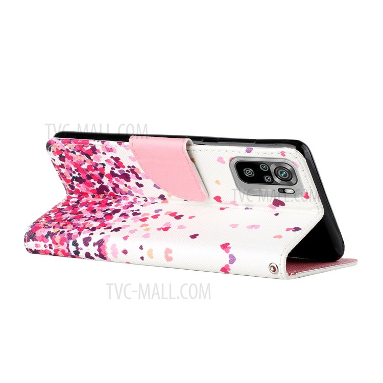 Pattern Printing Leather Stand Wallet Phone Case Shell for Xiaomi Redmi Note 10 4G / Redmi Note 10S - Pink Heart-8