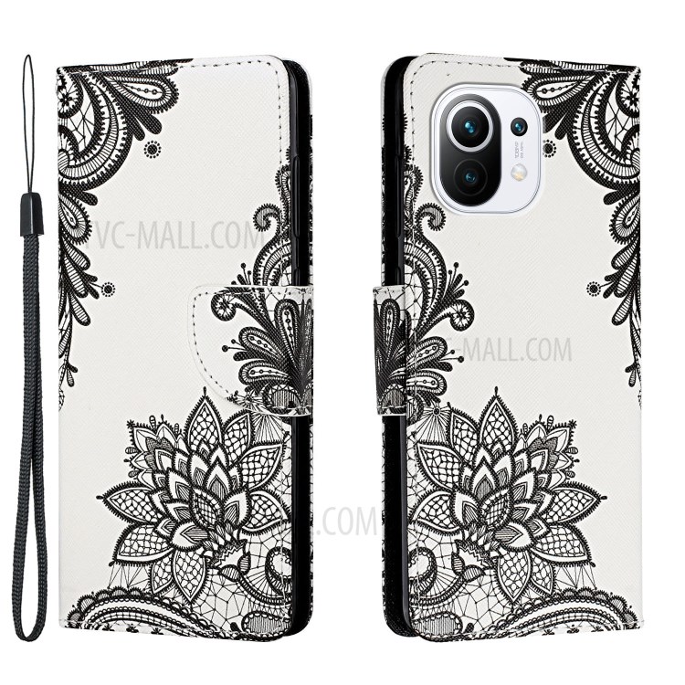 Pattern Printing Leather Wallet Case for Xiaomi Mi 11 - Black Flower-1