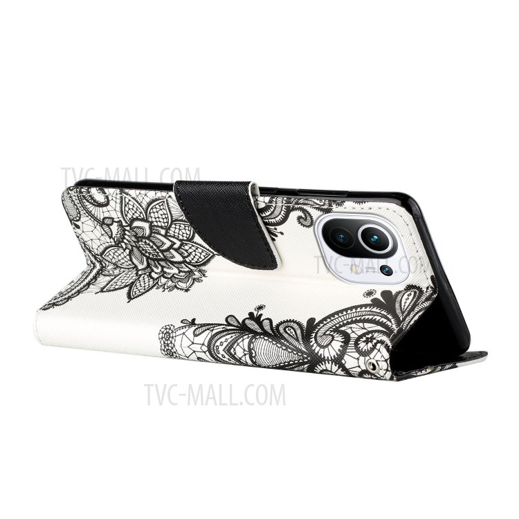 Pattern Printing Leather Wallet Case for Xiaomi Mi 11 - Black Flower-8