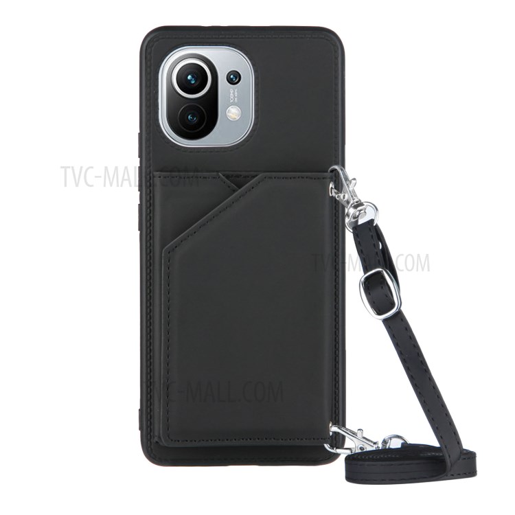 Titulaire De La Carte Kickstand Titulaire Couverture TPU De Protecteur De Cuir Brillant Pour Xiaomi Mi 11 Cas - Noir-1