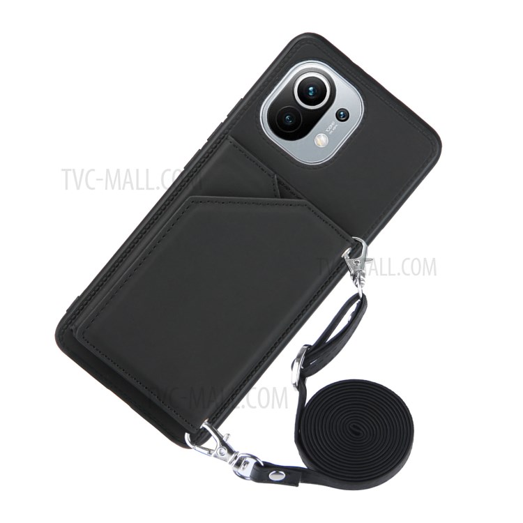 Titulaire De La Carte Kickstand Titulaire Couverture TPU De Protecteur De Cuir Brillant Pour Xiaomi Mi 11 Cas - Noir-2