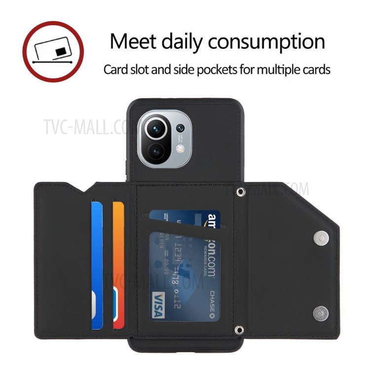 Titulaire De La Carte Kickstand Titulaire Couverture TPU De Protecteur De Cuir Brillant Pour Xiaomi Mi 11 Cas - Noir-3