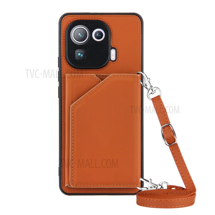 Kickstand Card Holder Glossy Leather Protector TPU Case for Xiaomi Mi 11 Pro - Brown-1