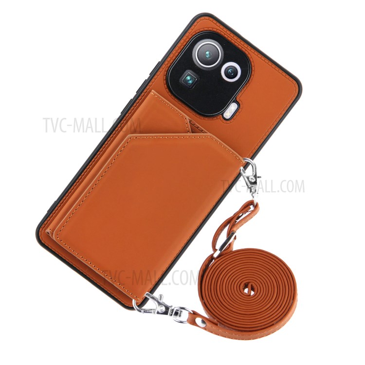 Kickstand Card Holder Glossy Leather Protector TPU Case for Xiaomi Mi 11 Pro - Brown-2