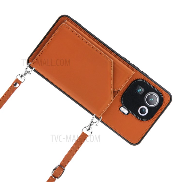 Kickstand Card Holder Glossy Leather Protector TPU Case for Xiaomi Mi 11 Pro - Brown-6