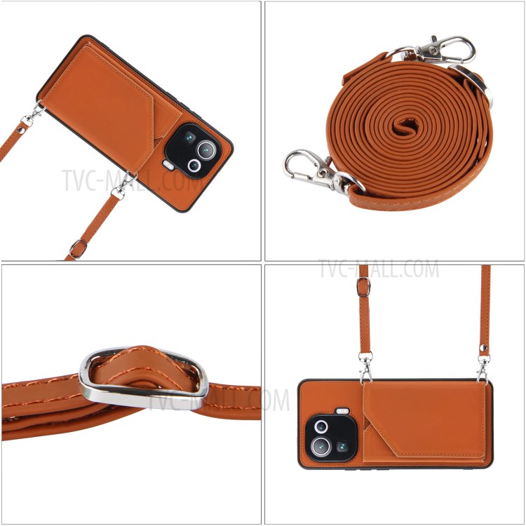 Kickstand Card Holder Glossy Leather Protector TPU Case for Xiaomi Mi 11 Pro - Brown-7
