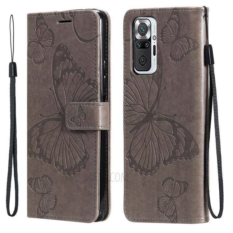Imprint Butterfly Leather Wallet Stand Cover Shell for Xiaomi Redmi Note 10 Pro - Grey-1