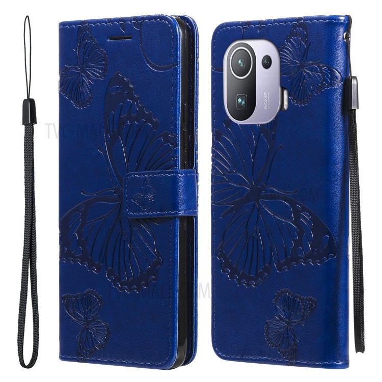 Imprint Butterfly Leather Wallet Stand Case for Xiaomi Mi 11 Pro - Blue-1