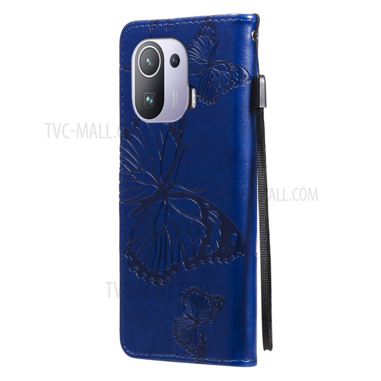 Imprint Butterfly Leather Wallet Stand Case for Xiaomi Mi 11 Pro - Blue-4