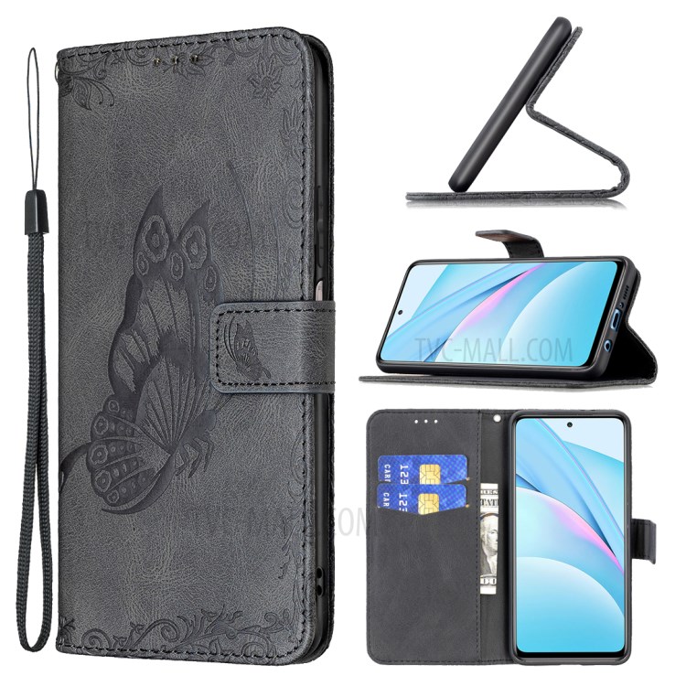 Imprint Butterfly Flower Leather Wallet Stand Case for Xiaomi Mi 10T Lite 5G - Black-10
