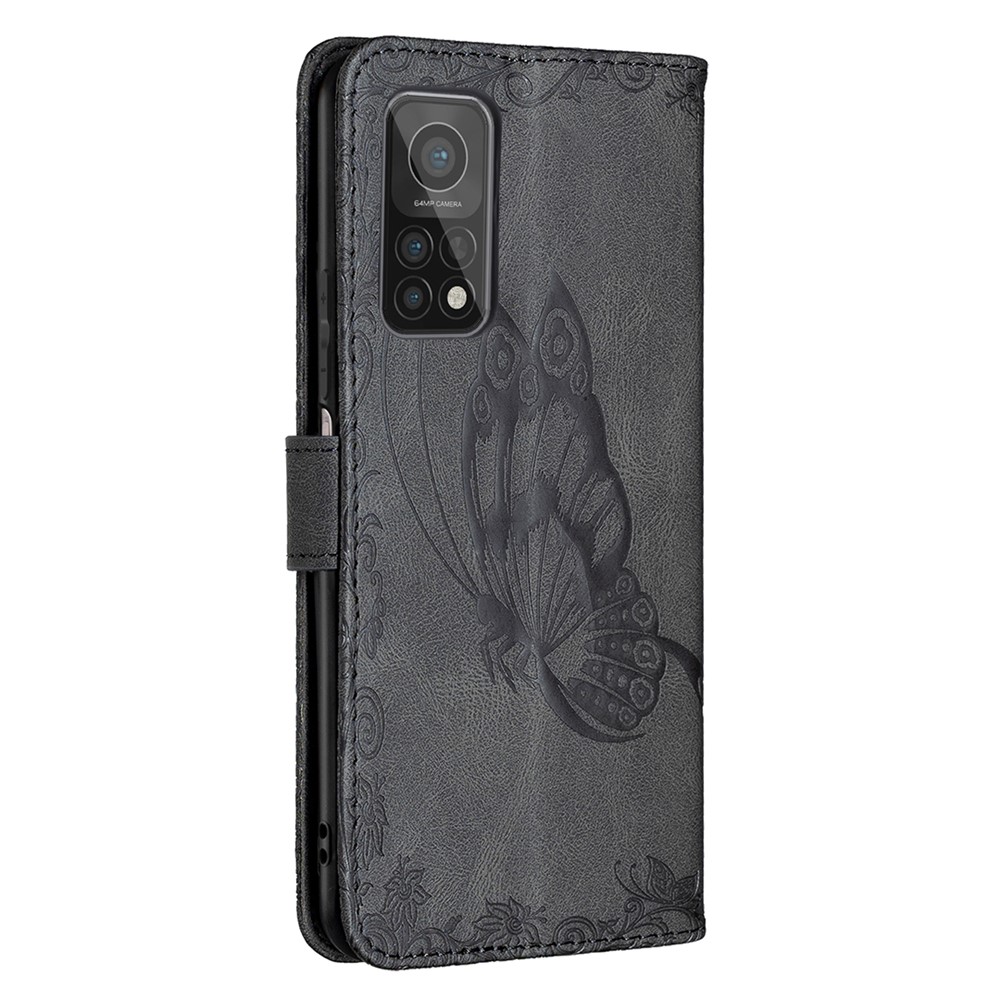 Imprint Butterfly Flower Leather Stand Case with Card Slots for Xiaomi Mi 10T Pro 5G/Mi 10T 5G - Black-8