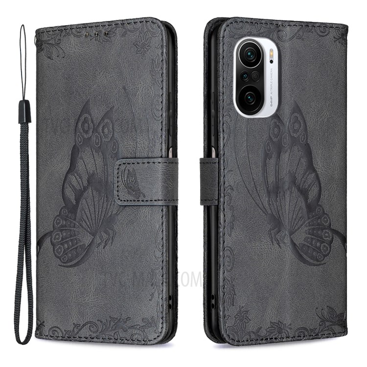 Imprint Butterfly Flower Leather Wallet Case for Xiaomi Mi 11i/Poco F3/Redmi K40/Redmi K40 Pro - Black-1