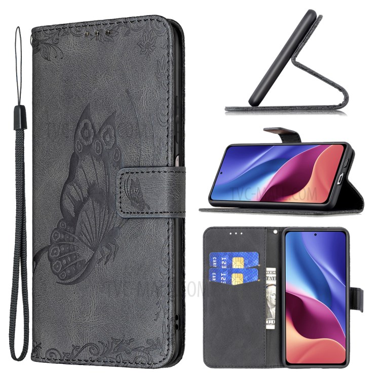 Imprint Butterfly Flower Leather Wallet Case for Xiaomi Mi 11i/Poco F3/Redmi K40/Redmi K40 Pro - Black-10