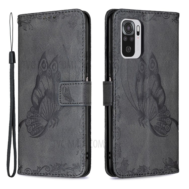 Imprint Butterfly Flower Leather Stand Case with Card Slots for Xiaomi Redmi Note 10 4G - Black-1