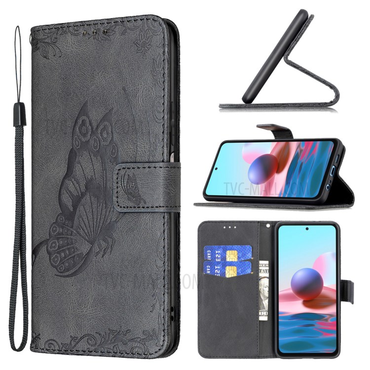 Imprint Butterfly Flower Leather Stand Case with Card Slots for Xiaomi Redmi Note 10 4G - Black-10