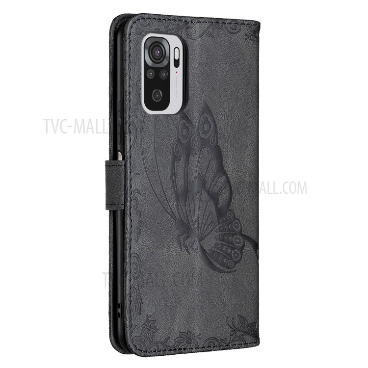 Imprint Butterfly Flower Leather Stand Case with Card Slots for Xiaomi Redmi Note 10 4G - Black-8