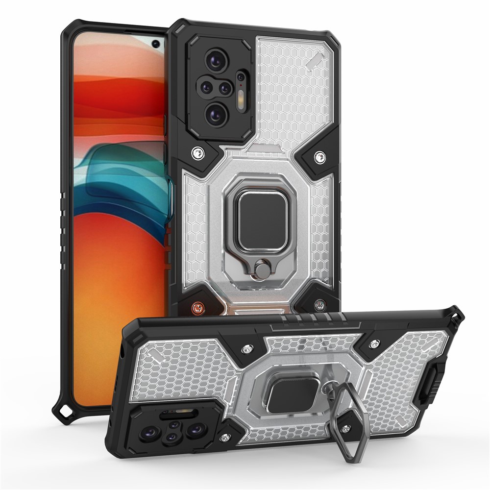 Kickstand Design PC+TPU Hybrid Phone Case Cover Shell Built-in Magnetic Holder for Xiaomi Redmi Note 10 Pro - White-11