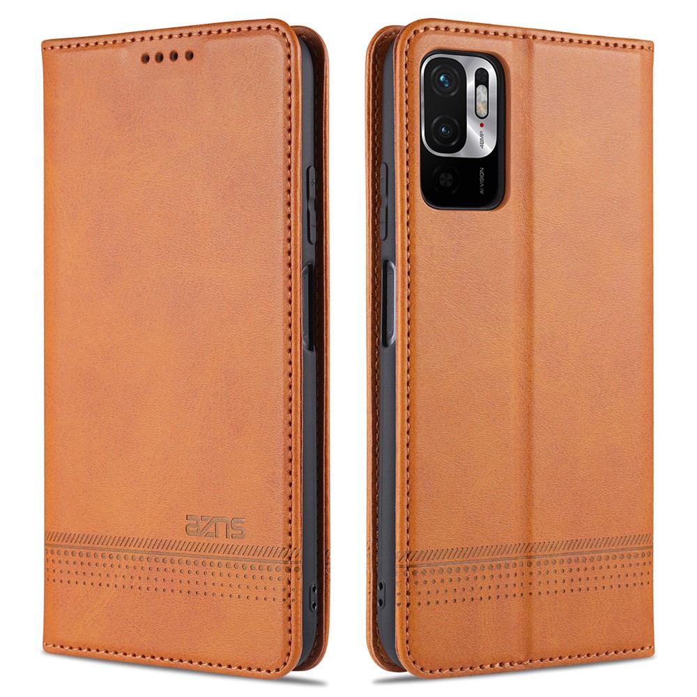 AZNS Stand Wallet Case Auto-absorbed Magnetic Leather Phone Shell for Xiaomi Redmi Note 10 5G / Poco M3 Pro 5G / 4G - Brown-1