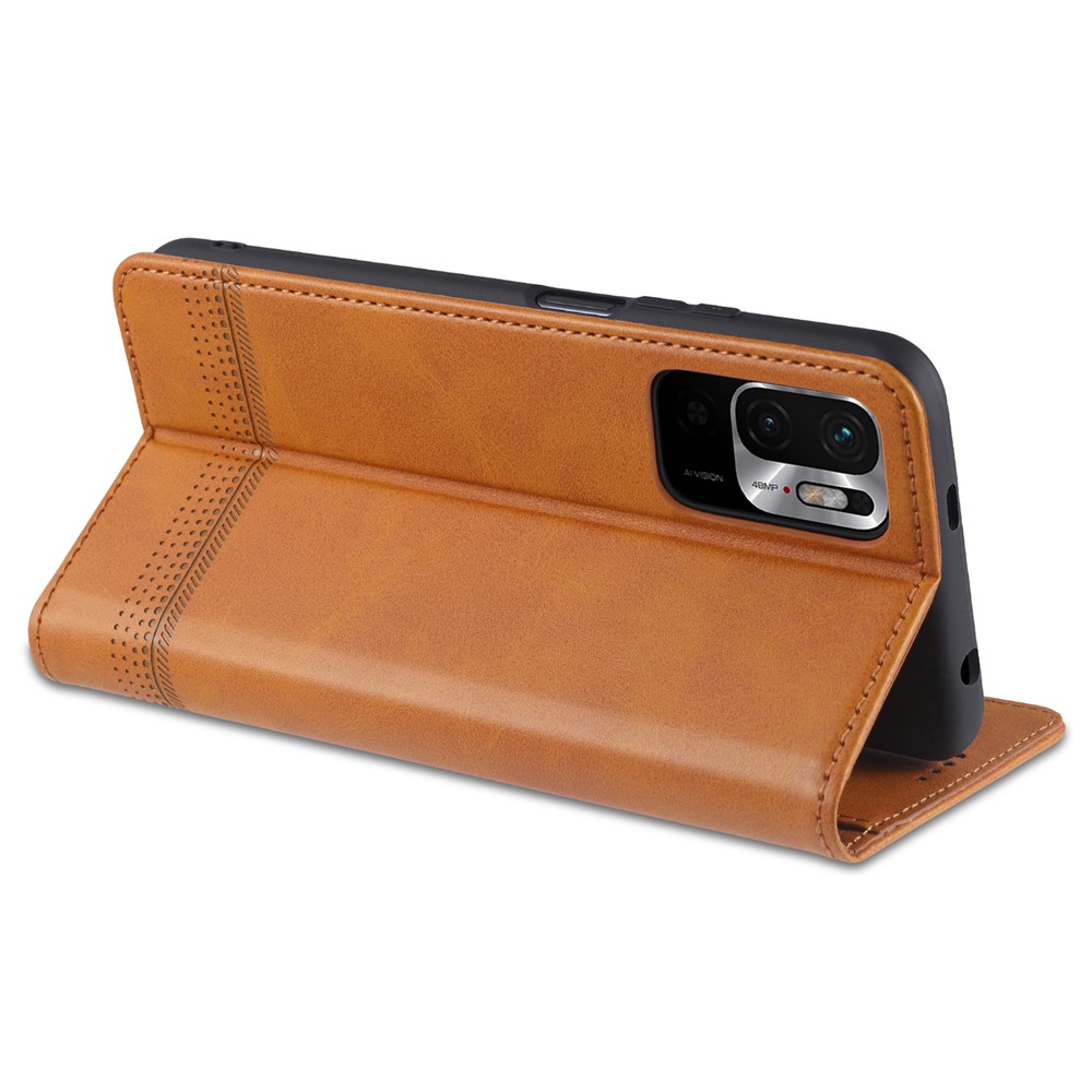 AZNS Stand Wallet Case Auto-absorbed Magnetic Leather Phone Shell for Xiaomi Redmi Note 10 5G / Poco M3 Pro 5G / 4G - Brown-4