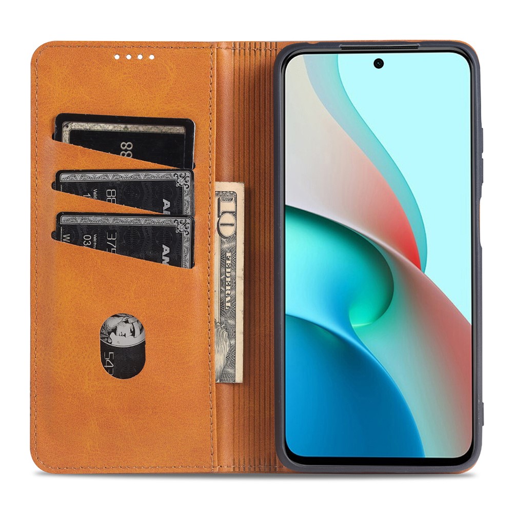 AZNS Stand Wallet Case Auto-absorbed Magnetic Leather Phone Shell for Xiaomi Redmi Note 10 5G / Poco M3 Pro 5G / 4G - Brown-5