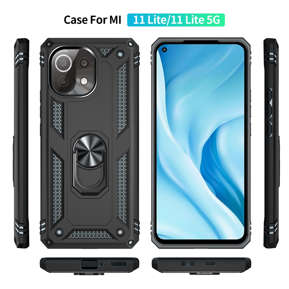 Anti-drop PC + TPU Combo Hybrid Phone Shell with Ring Kickstand for Xiaomi Mi 11 Lite 5G / 4G - Black-7