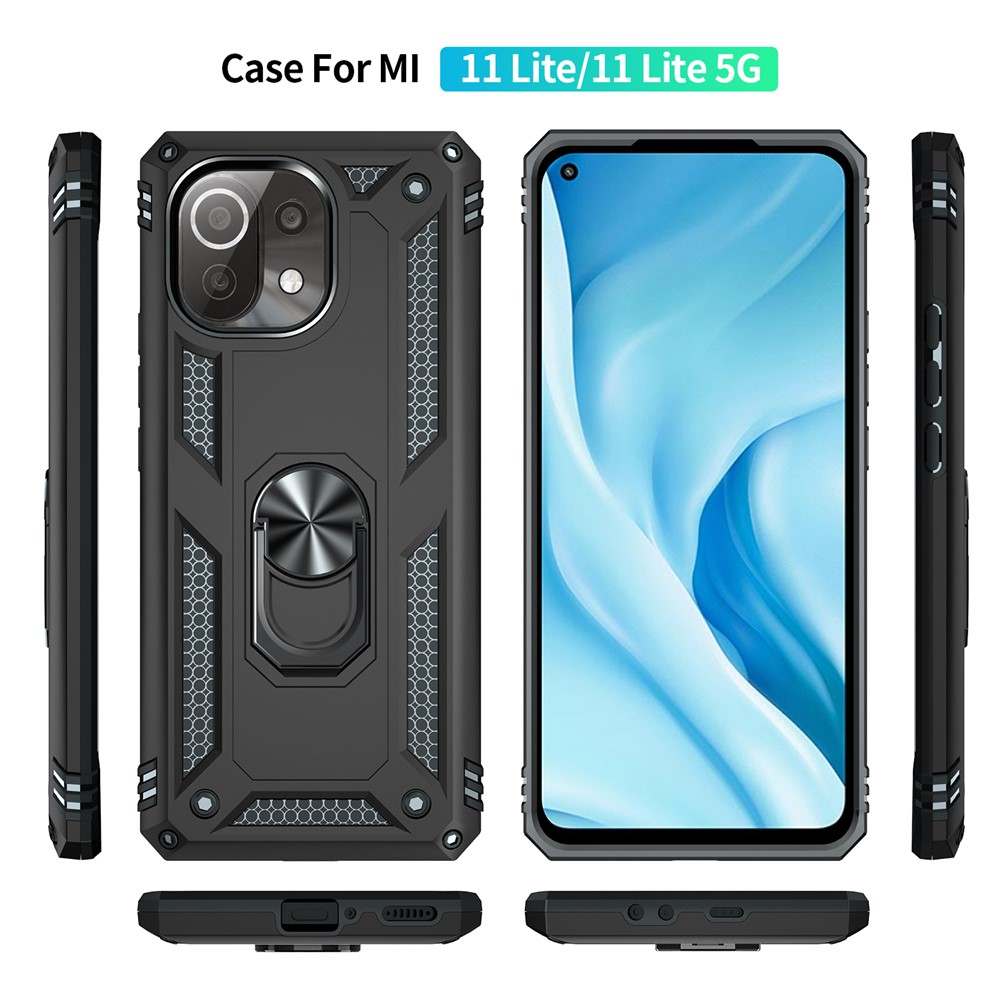 Für Xiaomi Mi 11 Lite 4g / 5g / 11 Lite 5G NE Ring Kickstand Phone Hülle PC + TPU Combo Hybrid Telefonabdeckung - Schwarz