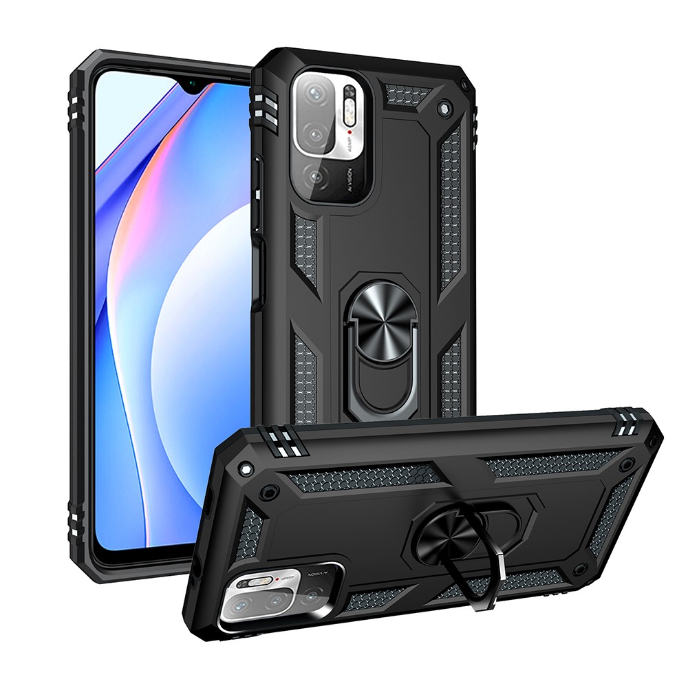 Anti-drop PC + TPU Combo Hybrid Phone Shell with Ring Kickstand for Xiaomi Redmi Note 10 5G - Black-1