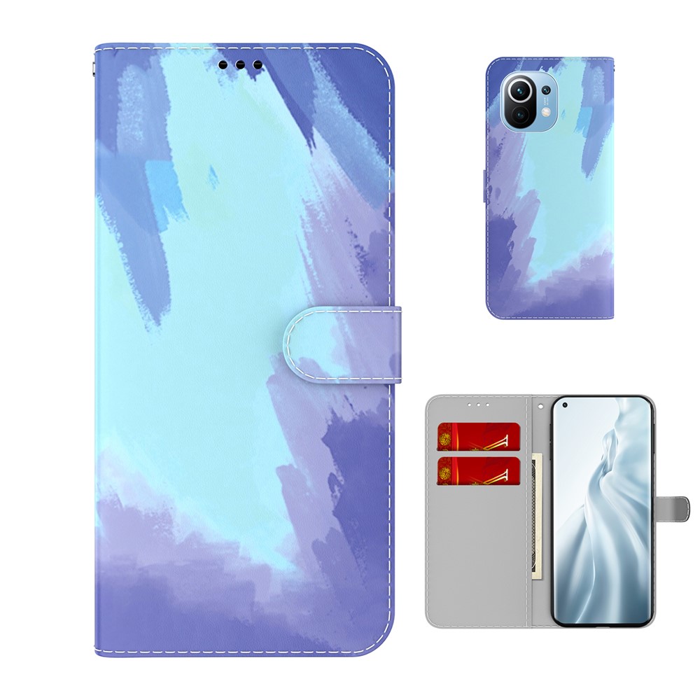 Stylish Watercolor Leather Phone Cover Case with Stand for Xiaomi Mi 11 - Winter Snow-5