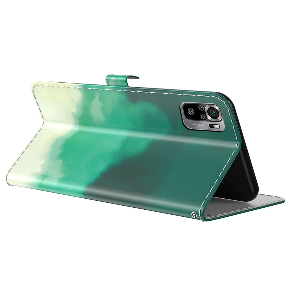 Stylish Watercolor Design Leather Phone Cover Case for Xiaomi Redmi Note 10 4G/Note 10S - Dark Green-3