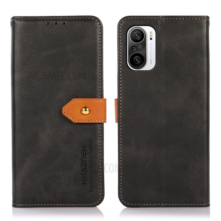 KHAZNEH Stand Wallet Design Golden Magnetic Clasp Dual Color Leather Phone Case for Xiaomi Poco F3/Poco F3 Pro - Black-1